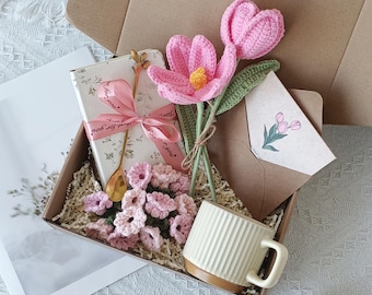 Hygge Gift Box: Crochet Tulips Care Package, Handmade Floral Mother's Day Self Care Set for Her, Cozy Birthday Get Well Gift