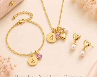 Personalized Initial Birthstone Jewelry, Custom Charm Bracelet Necklace Earrings, Gift for Her, Heart Pearl Jewelry Set