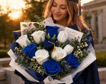 Graduation Crochet Bouquet with Teddy Bear, Handmade Blue White Flower Bouquet, Senior Photo Prop, Class of 2026 Gift, Graduation Keepsake