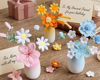 Hand-Knitted Crochet Flower Bouquet in Ceramic Vase, Lasting Floral Decor