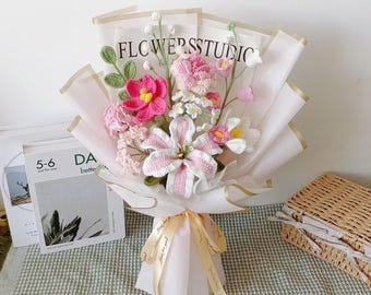 Pink and White Crochet Flower Bouquet with Lilies and Mixed Yarn Flowers