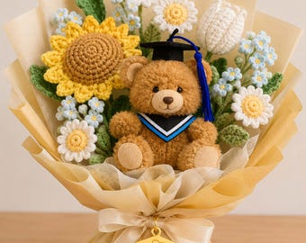 2026 Graduation Crochet Flower Bouquet with Teddy Bear, Handmade Sunflower Daisy Tulip Bouquet, Congrats Grad Gift, Senior Graduation Gift