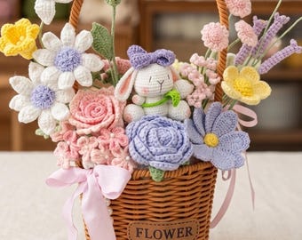 Hand-Knitted Flower Basket, Rustic Daisy Rose Bouquet, Boho Cottagecore Decor