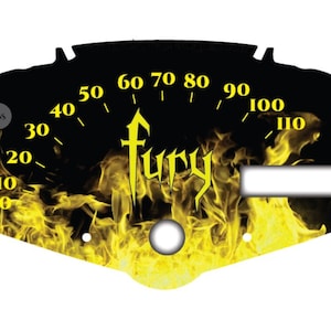 May include: Black and yellow speedometer with the word "Fury" in a stylized font. The background is a flame design.