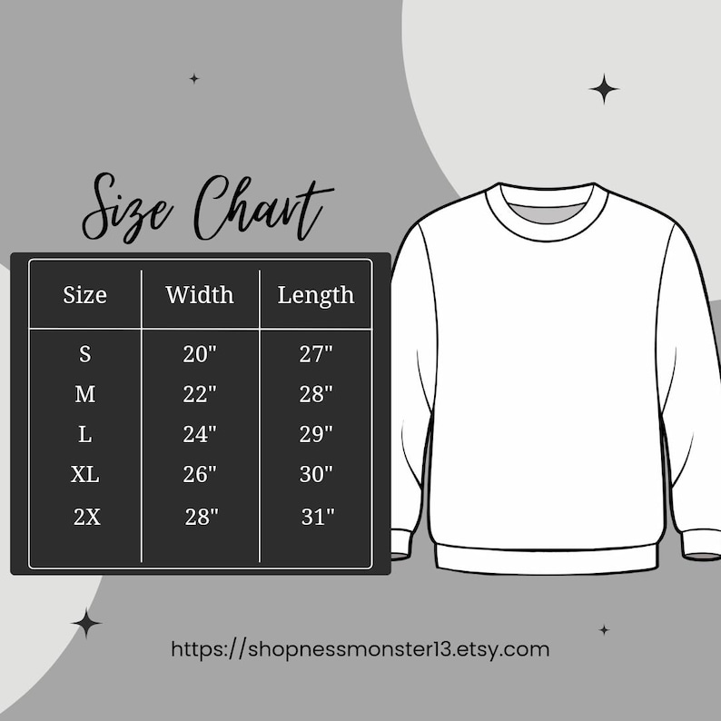 May include: Size chart for a sweatshirt with measurements in inches. The chart shows the width and length of the sweatshirt in sizes S, M, L, XL, and 2X.