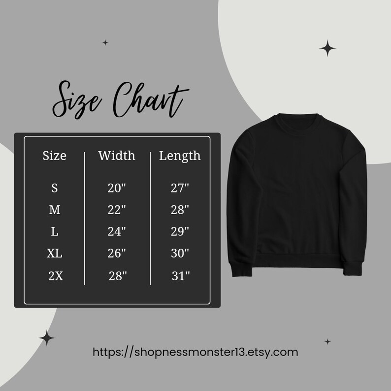 May include: Size chart for a black sweatshirt with measurements in inches for width and length. Sizes include S, M, L, XL, and 2X.