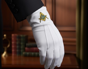 Gold And Blue Square And Compass Masonic Embroidered Gloves