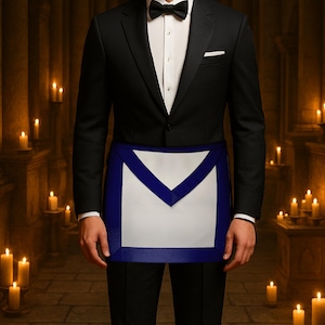 Peut inclure: Tenue de cérémonie avec une veste de smoking noire, un nœud papillon et une chemise blanche. La tenue comprend un tablier blanc avec une bordure bleue et un motif en chevrons bleu. L'arrière-plan est une pièce faiblement éclairée avec des bougies allumées.
