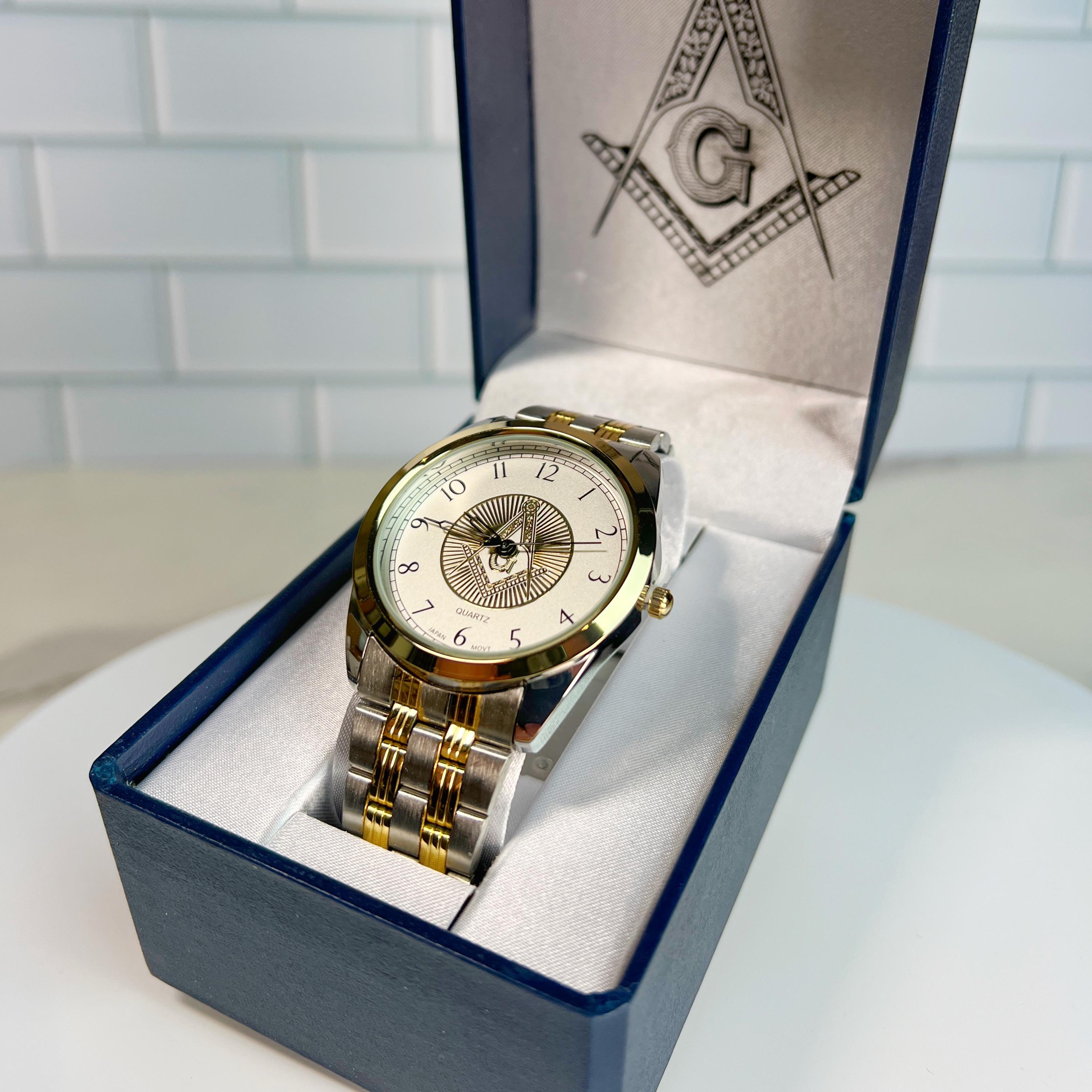 Montre-bracelet maçonnique carrée et boussole repliable en or et en argent
