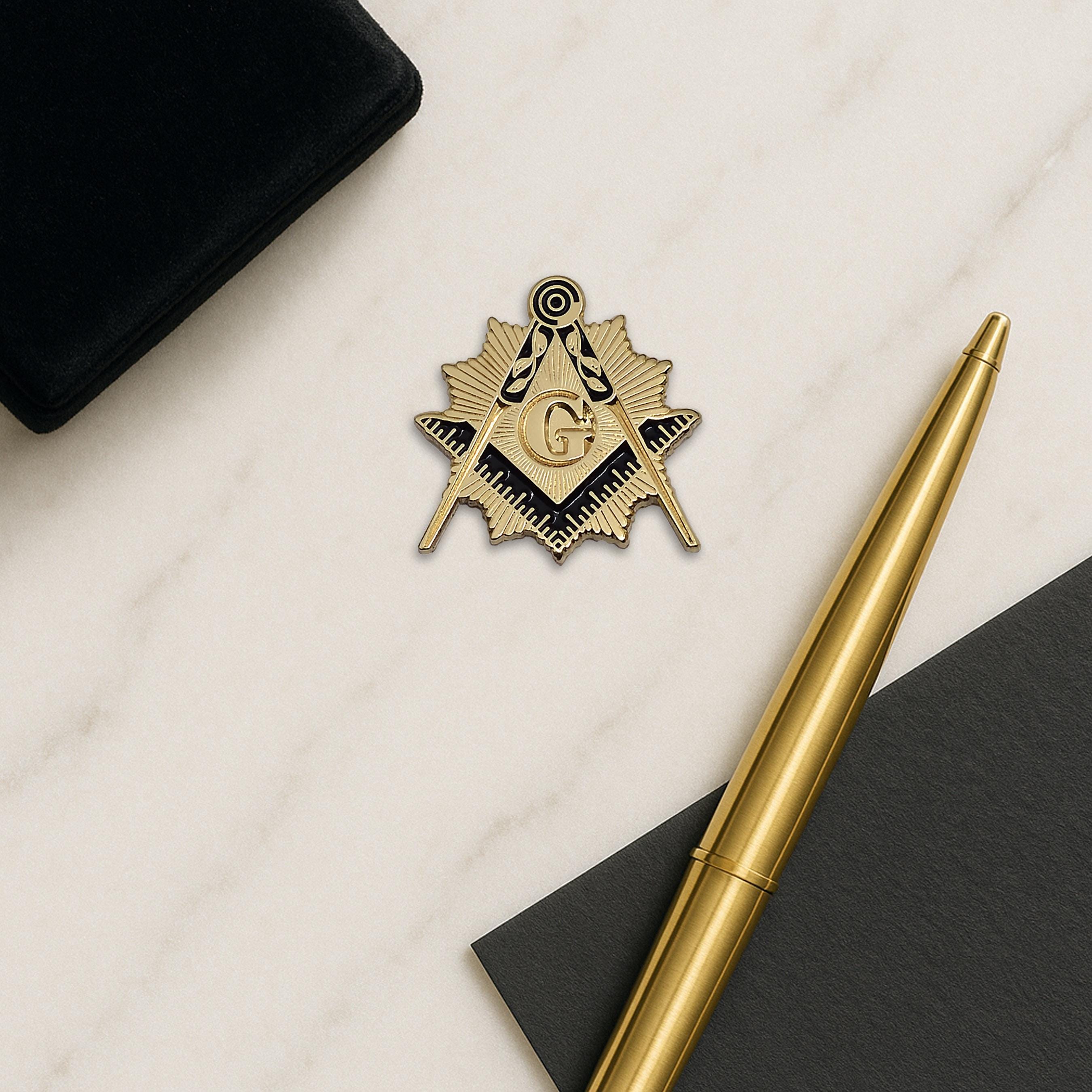 Shining Square & Compass Masonic Lapel Pin - Gold & Black 3/4 Inch Freemason Jewelry