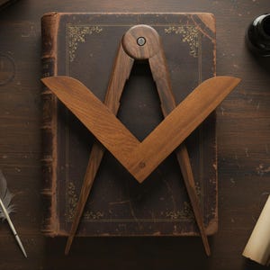 Könnte beinhalten: Ein hölzerner Freimaurerzirkel und -winkel, ein Symbol der Freimaurerei, liegt auf einem alten, ledergebundenen Buch mit goldfarbenen Verzierungen. Der Zirkel hat eine warme braune Farbe, und das Buch hat gealterte, strukturierte Seiten.
