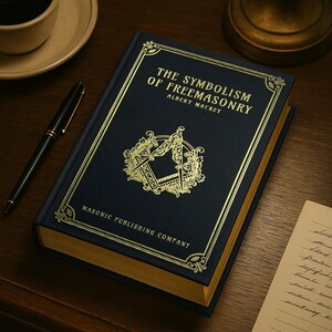 Puede incluir: Un libro de tapa dura azul marino titulado "The Symbolism of Freemasonry" de Albert Mackey, con letras doradas y un emblema dorado. El libro est&aacute; sobre una superficie de madera, junto a un bol&iacute;grafo y una taza de caf&eacute;.