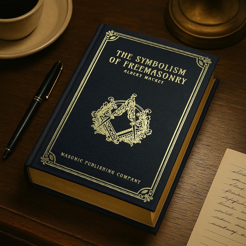 Puede incluir: Un libro de tapa dura azul marino titulado "The Symbolism of Freemasonry" de Albert Mackey, con letras doradas y un emblema dorado. El libro est&aacute; sobre una superficie de madera, junto a un bol&iacute;grafo y una taza de caf&eacute;.