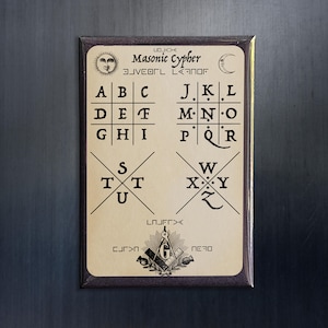 May include: A brown wooden sign with a beige background and black text. The sign features a Masonic cipher with the letters of the alphabet arranged in a grid pattern. The text on the sign reads "Masonic Cypher" and "BJ<>< VEOL LEANOF".