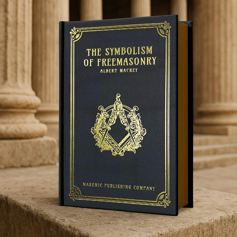 Puede incluir: Un libro de tapa dura titulado "The Symbolism of Freemasonry" de Albert Mackey. El libro tiene una cubierta azul oscuro con letras doradas y un emblema dorado. El libro est&aacute; sobre una superficie de piedra.
