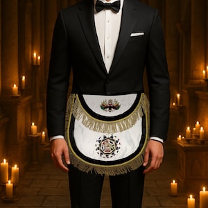 May include: A formal black suit with a white shirt and bow tie. The focal point is a white apron with intricate embroidery, gold fringe, and a black border. The apron features two detailed emblems.