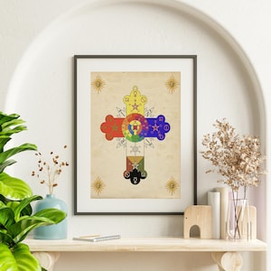May include: A vintage style print of a cross with a circle in the center. The circle is divided into sections of different colors, including red, orange, yellow, green, blue, indigo, and violet. The cross is surrounded by stars and other symbols.