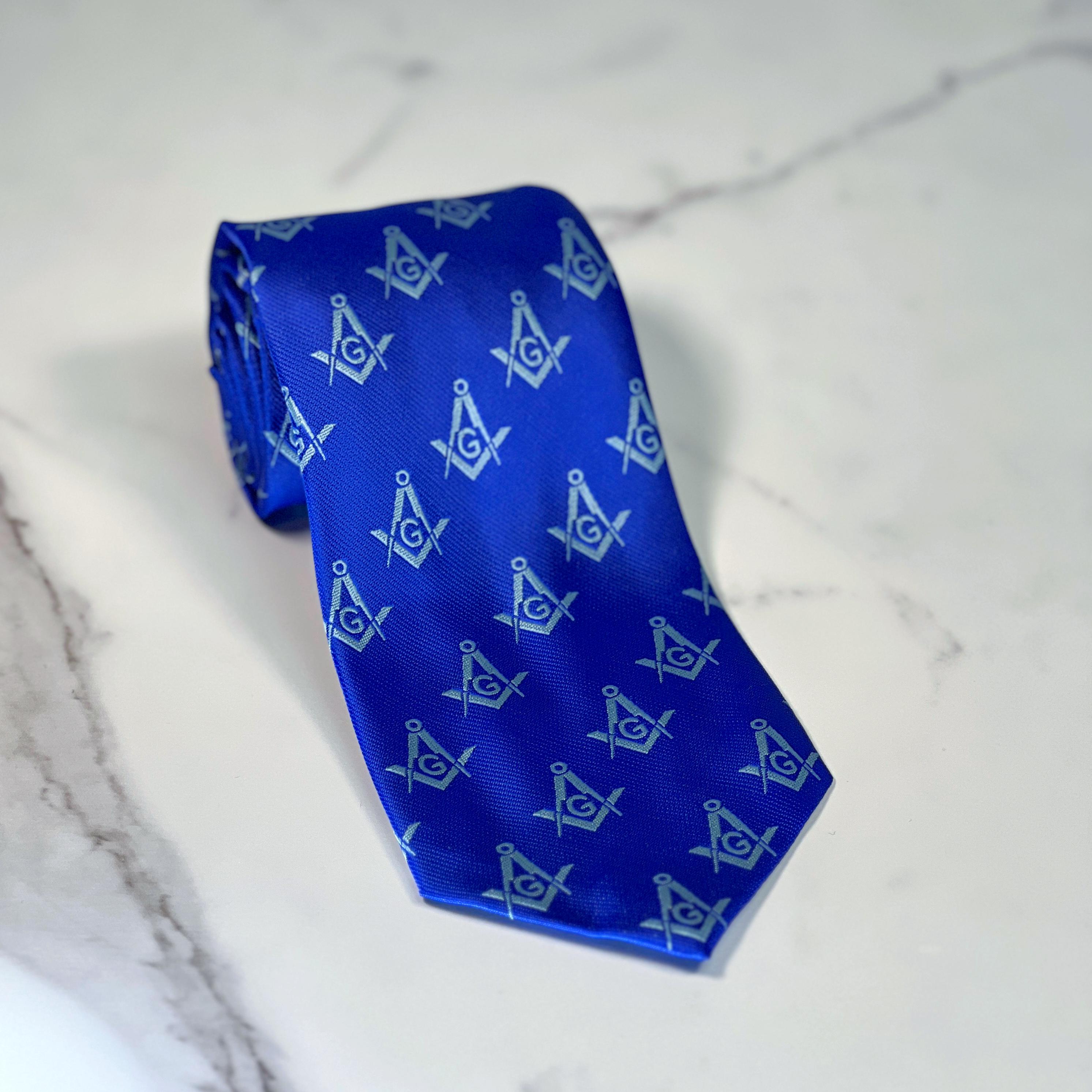 Blue & Silver Square And Compass Masonic Necktie – Polyester, 56" Long, Lodge Meeting Accessory