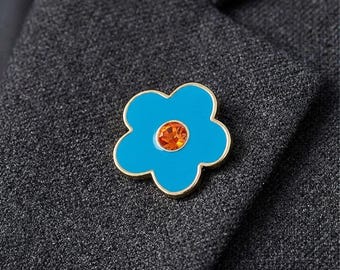 Forget Me Not Flower Lapel Pin | Blue Rhinestone Floral Pin | Gold Tone 5/8 Inch Jacket Hat Tie Pin