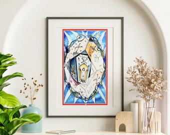 Könnte beinhalten: Ein gerahmtes Aquarellbild mit einem geometrischen Design in Blau-, Weiß- und Rottönen. Das Design zeigt ein zentrales Quadrat mit einem Totenkopf und gekreuzten Knochen darin. Das Quadrat ist von anderen geometrischen Formen und Linien umgeben.