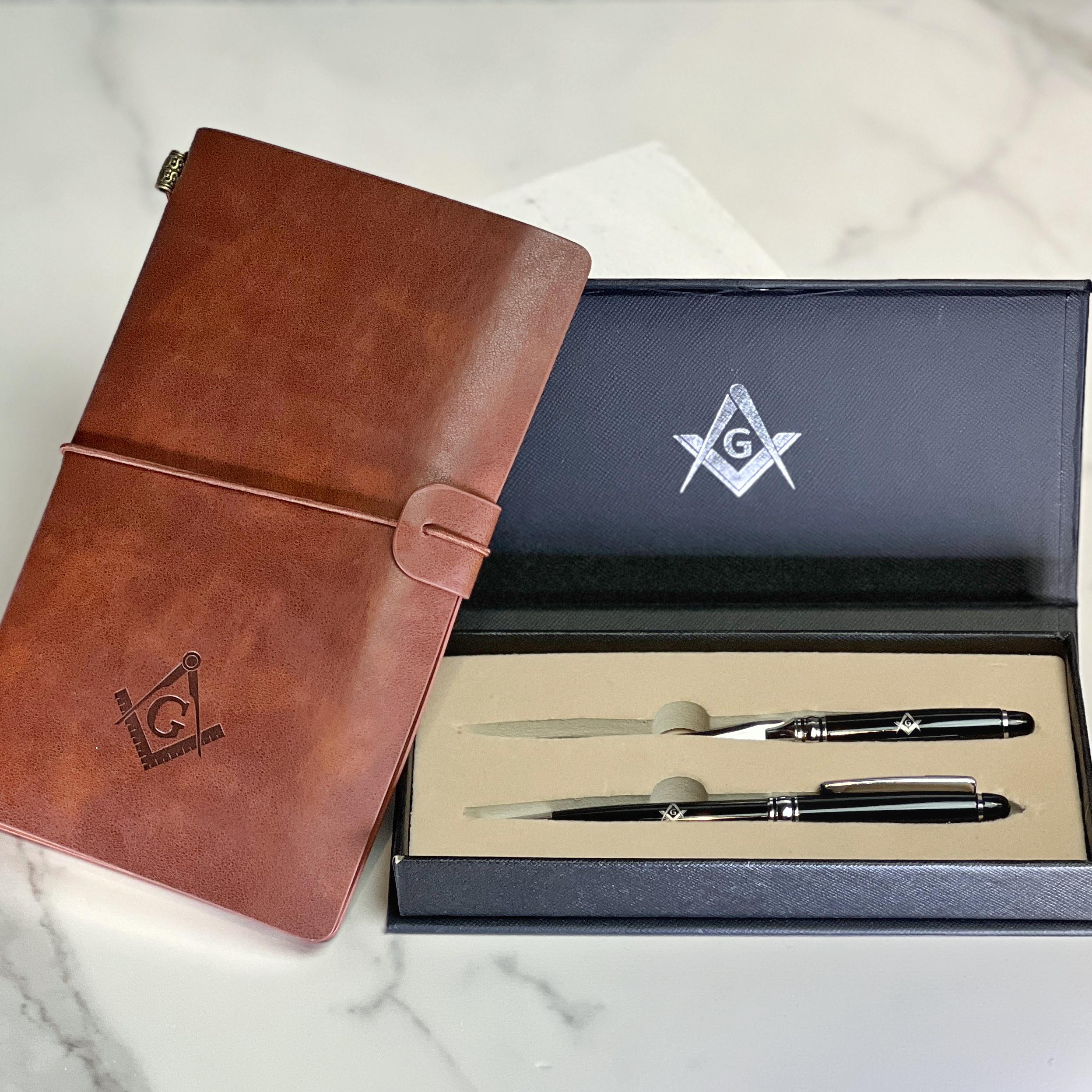 Brown Leather Embossed Masonic Journal & Pen Gift Pack