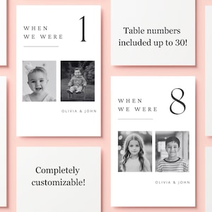May include: Two black and white photos of children, one of a baby girl and one of a young boy, with the text "WHEN WE WERE" and the number "1" above the photos. The text "OLIVIA & JOHN" is below the photos. The text "Table numbers included up to 30!" is on a separate card. The text "Completely customizable!" is on a separate card.