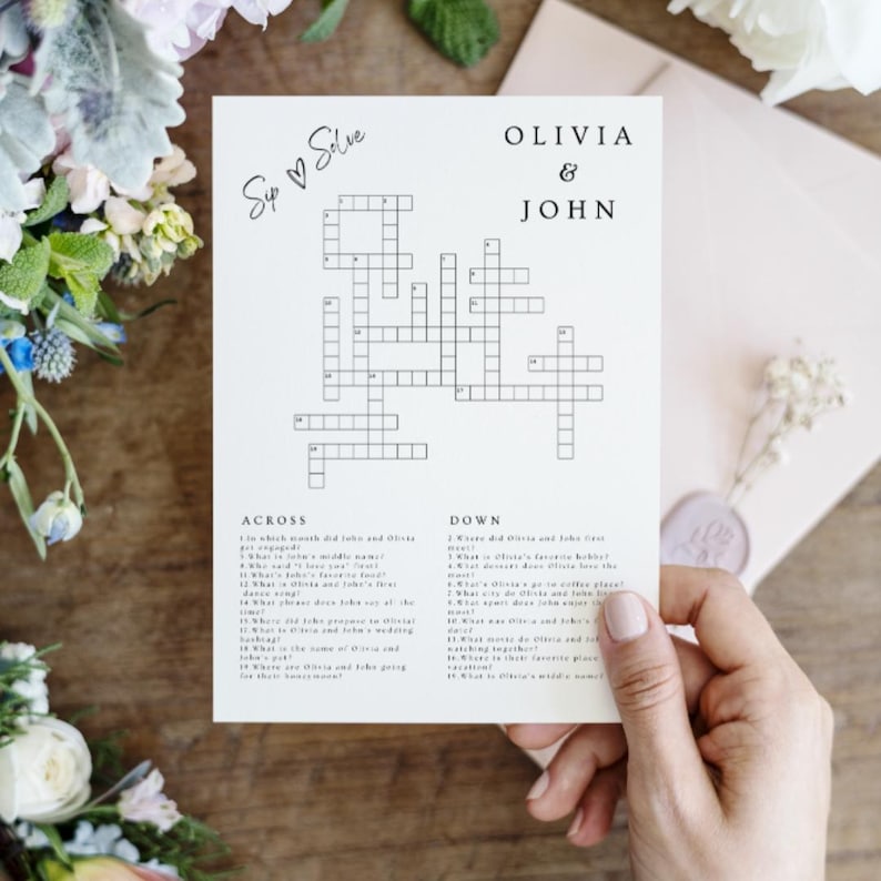 Custom Wedding Crossword Puzzle Template, Personalized Sip and Solve