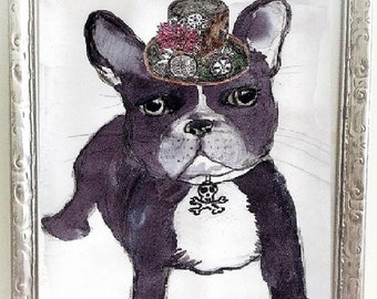 French Bulldog with Steampunk hat Victorian Style Art Print or Eco Card Great Mother's Day or Dog Owner Gift and Home Decor