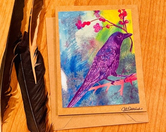 Colorful Crow watercolor card from art by CJ Davis great for Summer solstice, Mother's Day, or blank all occassion card