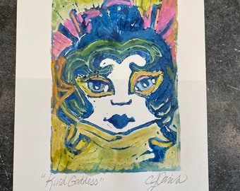 Spring Solstice Goddess Kindness Goddess Linoprint and Watercolor painting one of a kind hand painted print