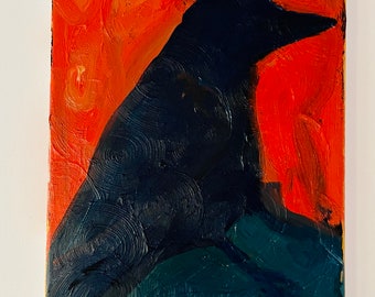 Modern Rustic Raven Lodge Country Farmhouse Primitive Modern Minimal Art Crow Original Oil on Canvas