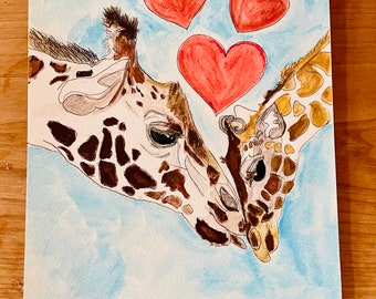 Giraffe Painting Nursery Art Mothers Day Gift mom and baby giraffe with hearts hand signed by artist CJ Davis