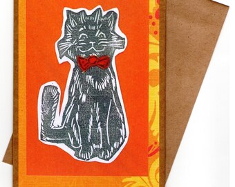 Cute Old Fashioned Black Cat Lover Gift With Bow Tie Cartoon Card with vintage woodcut style artwork signed by CJ Davis