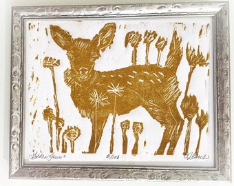 Woodland Rustic Golden Fawn and Year of the Rabbit Fine Art Print and Eco Card from Linocut by C.J.Davis Crow Baby Press Nursery, Home Decor