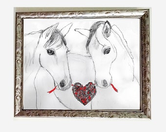 Love Card Pair of Horses w/ heart drawing art print by C.J. Davis, Couple, Anniversary, Cowboy, Cowgirl, Horse lovers gift, horse owner