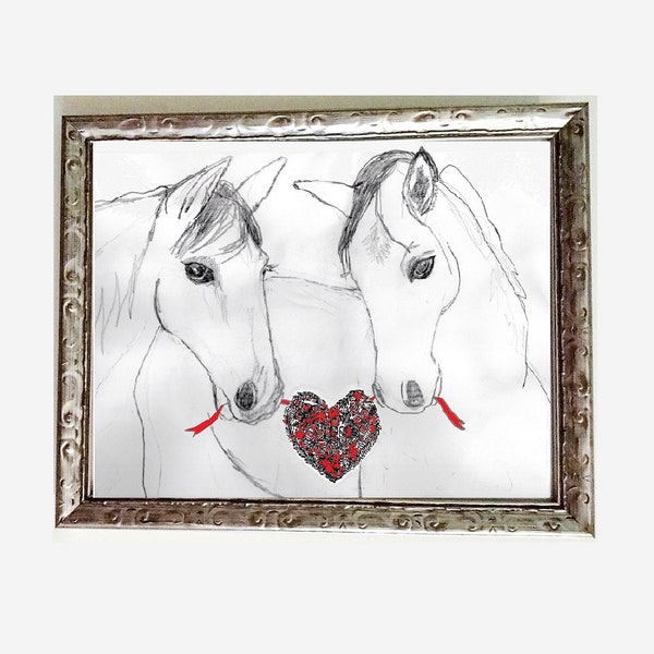 Love Card Pair of Horses w/ heart drawing art print by C.J. Davis, Couple, Anniversary, Cowboy, Cowgirl, Horse lovers gift, horse owner