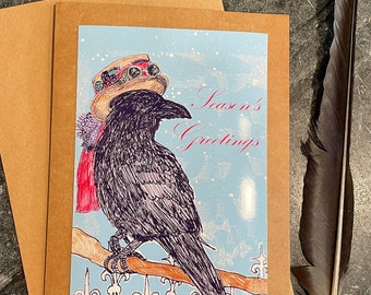 Crow Holiday Greeting card Seasons Greetings for Winter Solstice Christmas Yule or New Years