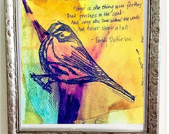 Bird Watercolor Unique Gift Encouragement, Wellness, Recovery, Cottage Core art Emily Dickinson quote, hope is a thing with feathers...