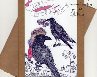 Mother's Day Card with French Lady, sailor tattoo, birds, fox, Raven holding heart, and more Greetings by Pacific Northwest artist CJ Davis