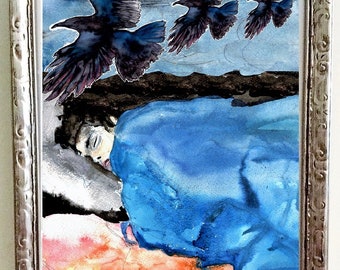 Crow Like Dream Surreal art print from watercolor digital collage by C.J. Davis portrait boho wall art animal totem spirit wellness healing