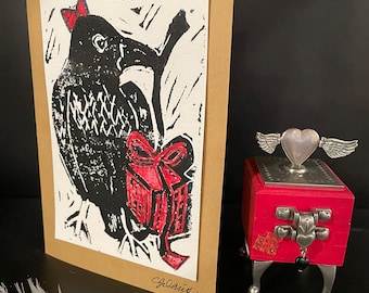 Crow linoprint valentine for her unique crow with red bow and present Valentine’s Day or birthday hand made card blank inside