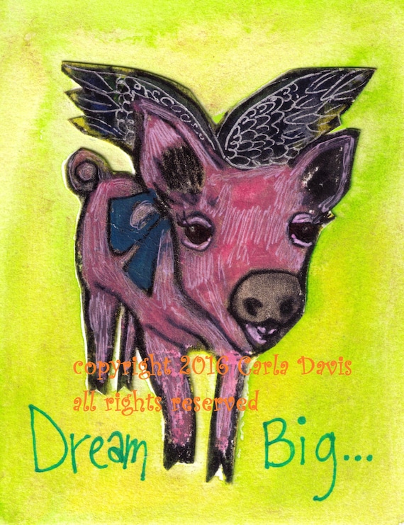 Original linocut print Greeting Card Piglet Pink