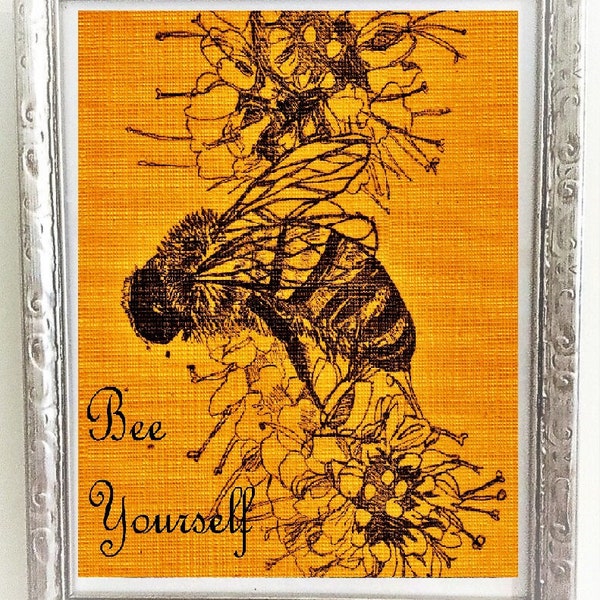 Save the Bees or Bee Yourself, Enviromental, Earth Day, or Encouragement Art Print and Card Cottage Core Honeybee Gold Wall Decor