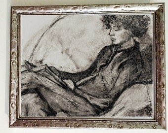 Portrait of Woman Reading Art Print from original charcoal drawing by C.J. Davis Crow Baby Press