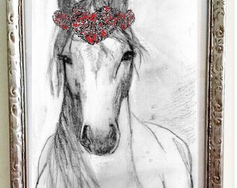 Horse Art Print from Drawing by C.J. Davis Red and White Holiday Romantic Country Home Decor