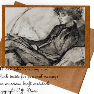 Portrait of Woman Reading Art Print from original charcoal drawing by C.J. Davis Crow Baby Press art card 5x7 inches