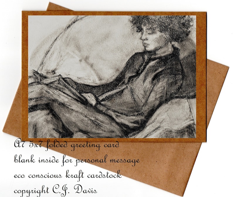 Portrait of Woman Reading Art Print from original charcoal drawing by C.J. Davis Crow Baby Press art card 5x7 inches