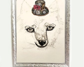 SALE White Wolf Pup with Steampunk Hat Art Print for Christmas, Yule, Winter Solstice gift or Holiday Home Decor