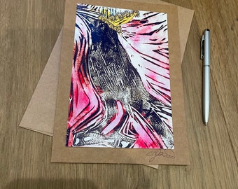 Lovely Whimsigoth crow birthday card  from linoprint by CJ Davis size A7 hand made and hand signed