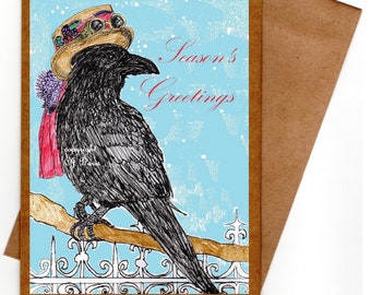 Crow Holiday card ,Seasons Greetings, Victorian Steampunk ,romantic cottage core art whimsical winter crow in snow in pacific northwest